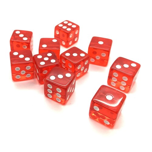 Dice Set 10 pcs. D6 Transparent Red 16 mm with Square Corners - photo 18064