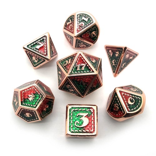 7-Piece Metal RPG Dice Set — Dragon Scale Red-Green with Copper - photo 25184