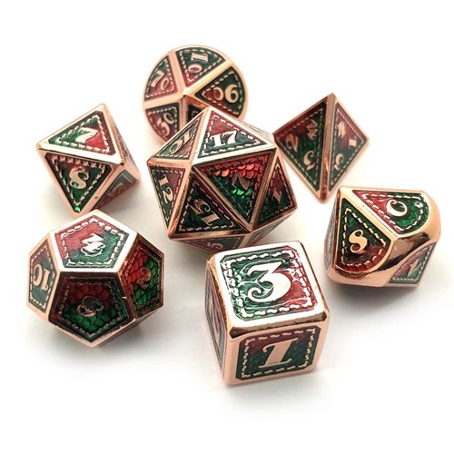 7-Piece Metal RPG Dice Set — Dragon Scale Red-Green with Copper - photo 25185