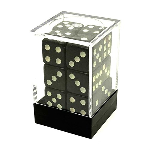 Dice D6 16 mm 12pcs in Plastic Box. Black with Sharp Corners - photo 25621