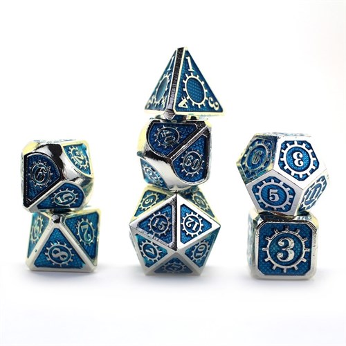 7-Piece Metal RPG Dice Set — Silver-Light Blue Mechanism - photo 29934