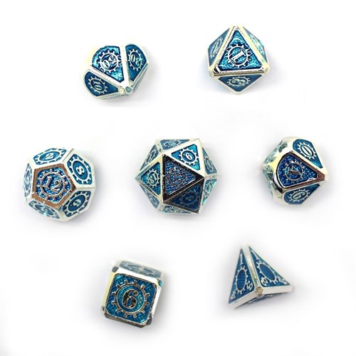 7-Piece Metal RPG Dice Set — Silver-Light Blue Mechanism - photo 29935