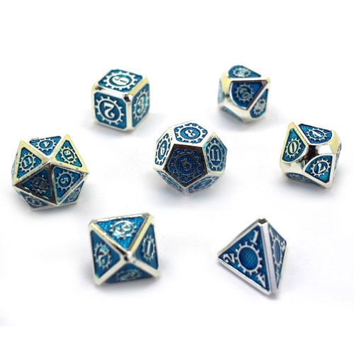 7-Piece Metal RPG Dice Set — Silver-Light Blue Mechanism - photo 29936