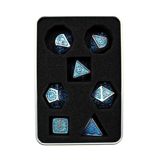 7-Piece Metal RPG Dice Set — Silver-Light Blue Mechanism - photo 29937