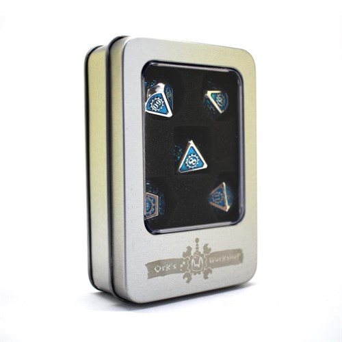 7-Piece Metal RPG Dice Set — Silver-Light Blue Mechanism - photo 29938
