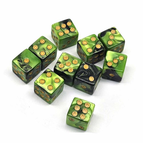 Dice D6 12 mm 10pcs. Black-Green Marbled - photo 30652