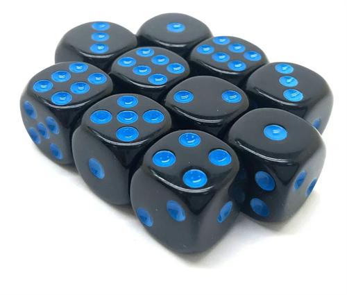 Dice D6 16 mm 10pcs. Black with Blue Dots - photo 30936