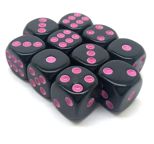 Dice D6 16 mm 10pcs. Black with Rose Dots - photo 30937