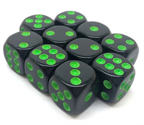 Dice D6 16 mm 10pcs. Black with Green Dots - photo 30941