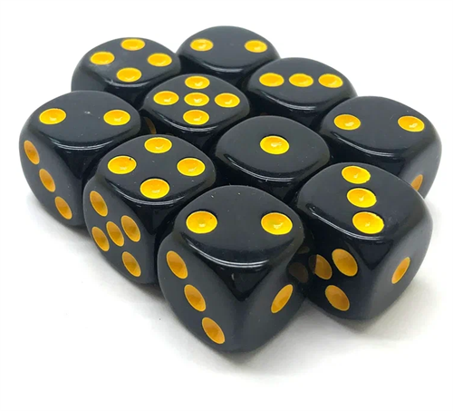 Dice D6 16 mm 10pcs. Black with Yellow Dots - photo 30944