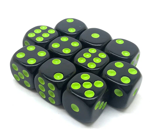 Dice D6 16 mm 10pcs. Black with Green Dots - photo 30950