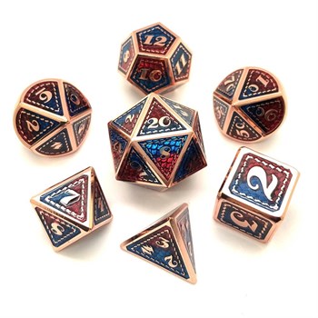 7-Piece Metal RPG Dice Set — Dragon Scale (Red-Blue with Copper)