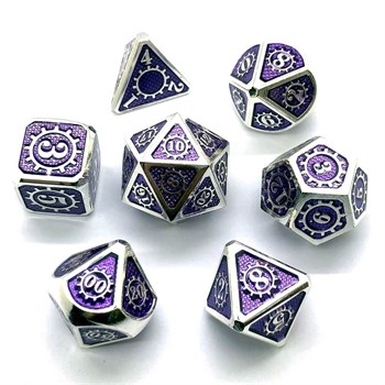 7-Piece Metal RPG Dice Set — Gears Purple with Silver
