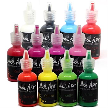 Set Acrylic Paints for Airbrushing on Nails OW Nail Art (12 Colours 30 ml Each.)
