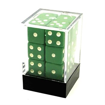 Dice D6 16 mm 12pcs in Plastic Box. Green with Sharp Corners