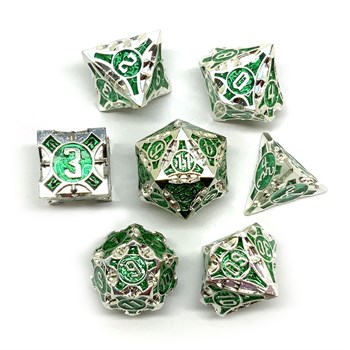 7-Piece Metal RPG Dice Set — Silver Malachite